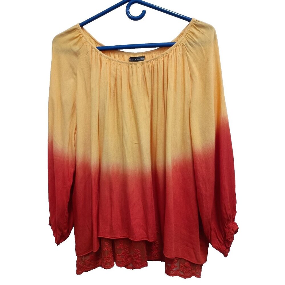 Chelsea‎ & Theodore BOHO Top Womens Medium Yellow Orange Ombre Lace Hem Casual